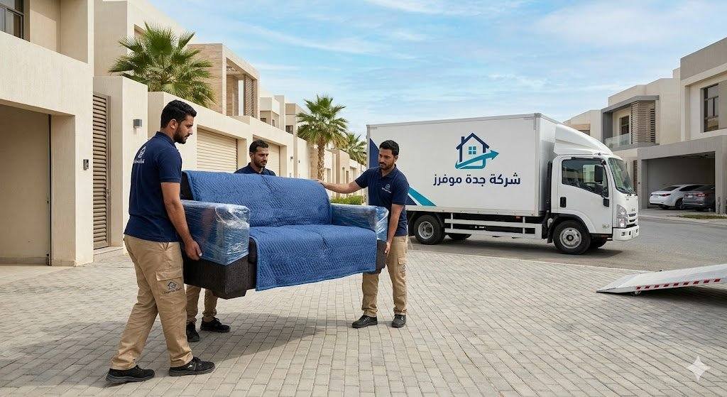 سيارة نقل أثاث مغلقة ومجهزة لنقل العفش بأمان في شوارع جدة