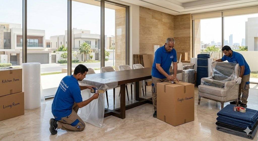 عمالة محترفة تقوم بتغليف الأثاث بالفقاعات الهوائية والكرتون المقوى قبل عملية النقل