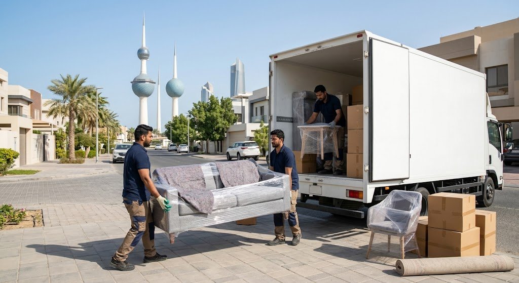 فريق عمل محترف يقوم بتغليف وتحميل الأثاث المنزلي والمكتبي بعناية داخل سيارات مغلقة ومجهزة ضمن أعمال نقل عفش حي النخيل بجدة