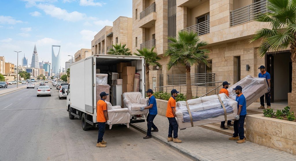 عمالة باكستانية محترفة تقوم بفك وتغليف وتحميل الأثاث بعناية داخل سيارات نقل مجهزة ضمن أعمال نقل عفش باكستاني جدة لضمان حماية المنقولات من الخدوش والتلف أثناء مراحل النقل