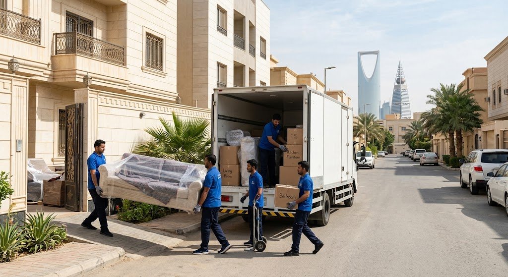 فريق عمل محترف يقوم بتغليف وتحميل الأثاث بعناية داخل شاحنة نقل مجهزة بعد التواصل مع إحدى الشركات المتخصصة في مدينة جدة