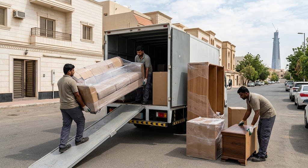 فريق متخصص يقوم بفك وتغليف ونقل الأثاث بأمان ضمن خدمات نقل عفش حي النهضة بجدة