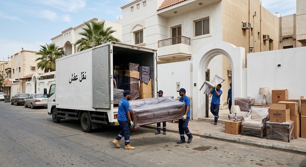 فريق متخصص يقوم بفك وتغليف ونقل الأثاث بأمان واحترافية ضمن خدمات نقل عفش حي الورود بجدة