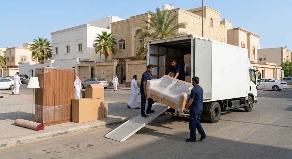 فريق متخصص يقوم بتغليف ونقل الأثاث بأمان ضمن خدمات نقل عفش حي السلامة بجدة